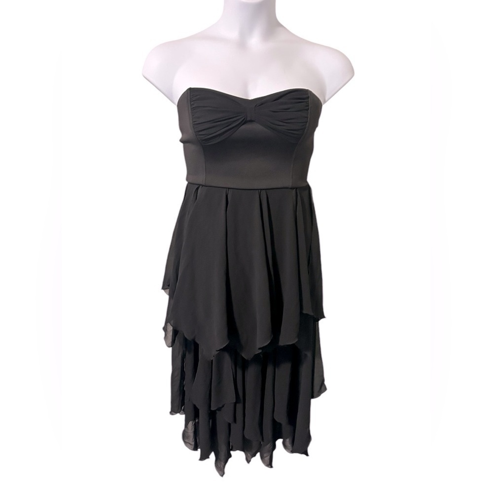 Strapless black Goth midi witchy tiered fairy dress ruffle high low hem Small